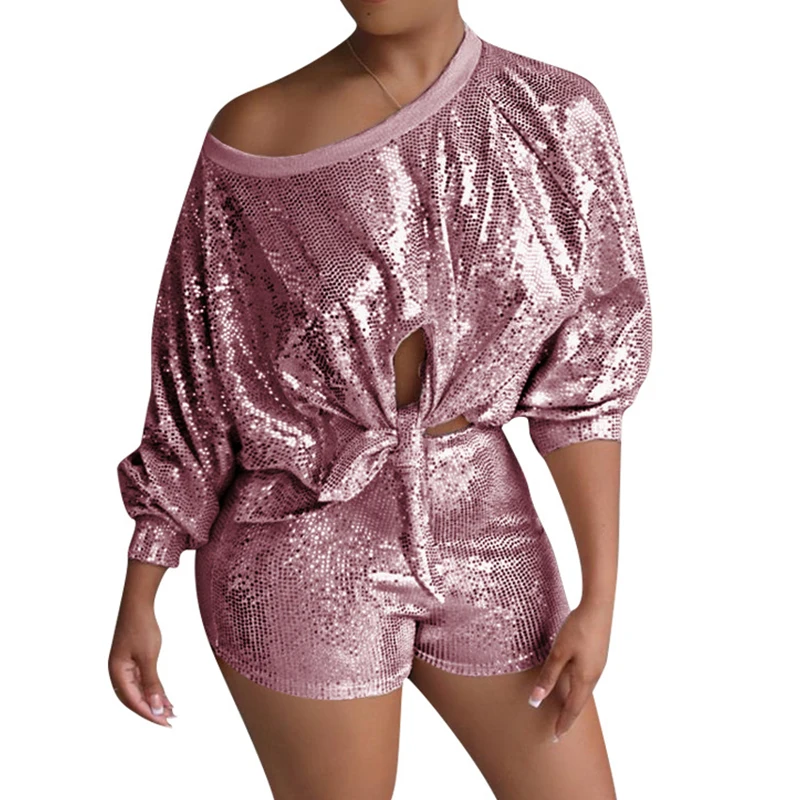 Autumn Sequin Fashion Two Piece Sets Off One Shoulder Long Sleeve Bandage Top Shorts Outfits Women Plus Size Pink Club Sexy Suit |