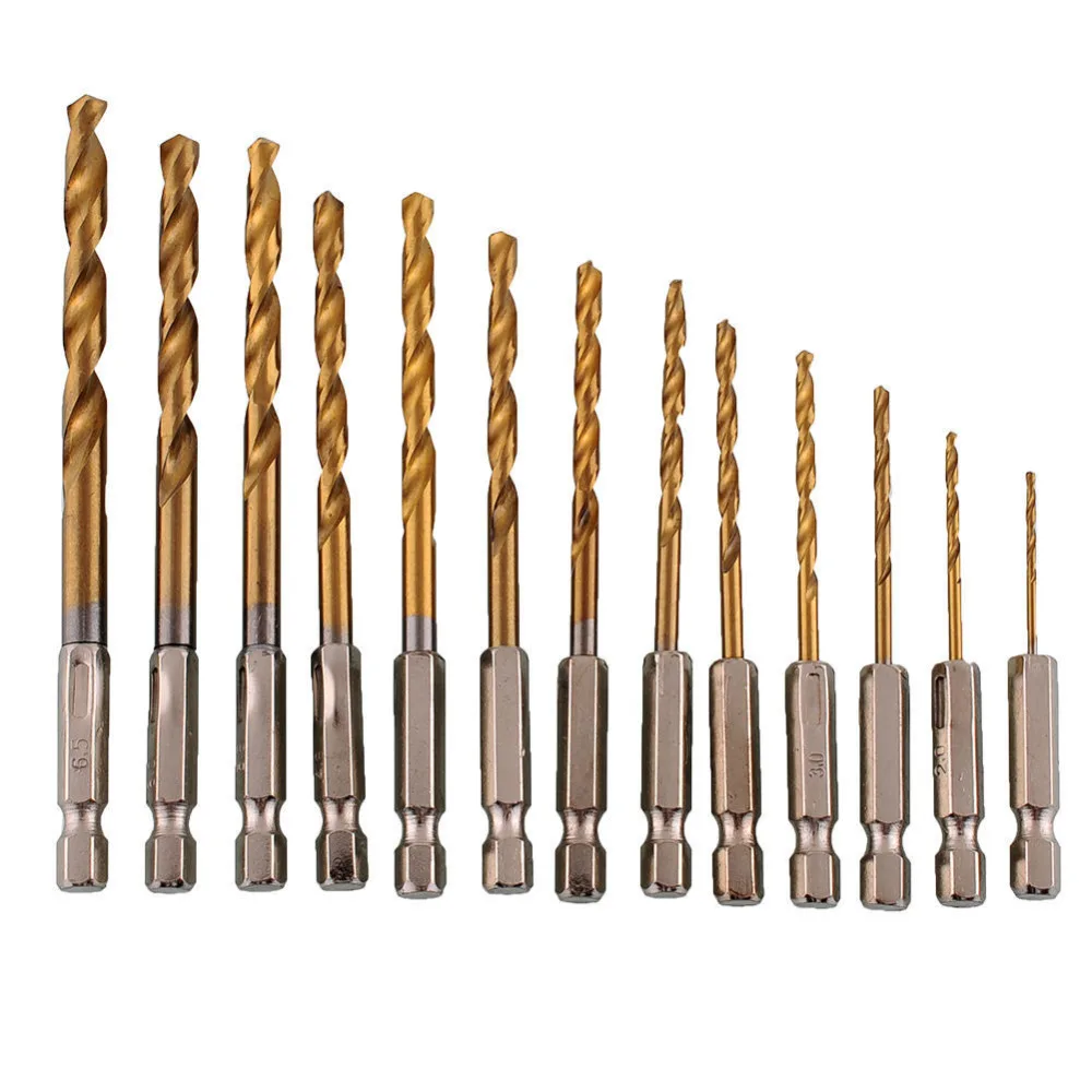 13pcs/lot High Speed Steel HSS Titanium Coated Drill Bit Set 1/4 Hex Shank 1.5-6.5mm | Power Tool Sets