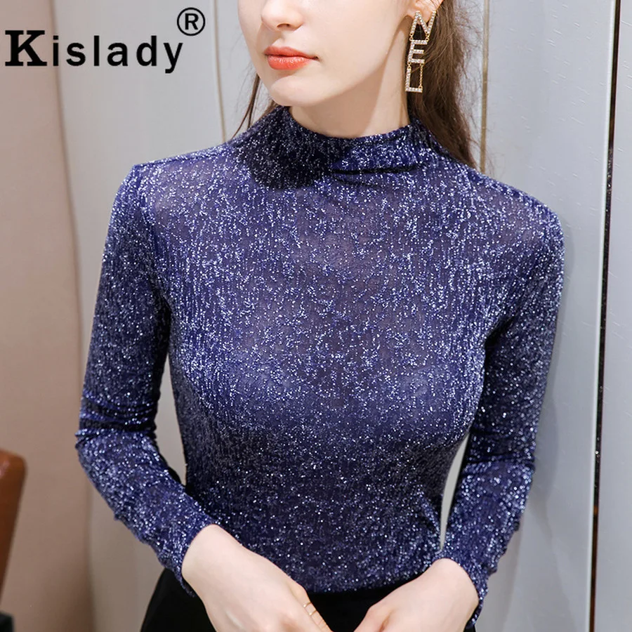Kislady Long Sleeve Turtleneck Gothic Shining Women Shirt Sexy OL Patchwork Vintage Solid Korean Plus Size Tops Clothes | Женская одежда