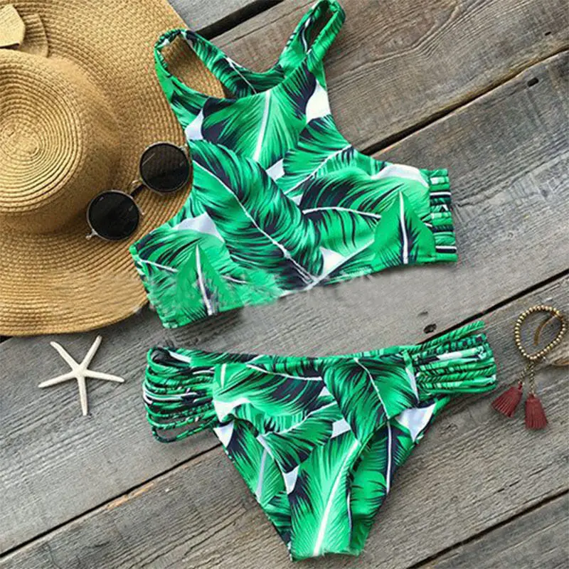 Sexy Womens Summer Halter Bandage Leaves Print Bikini Set 2PCS Swimsuit Push Up Padded Swimwear Beachwear Bathing Suit Monokini | Спорт и