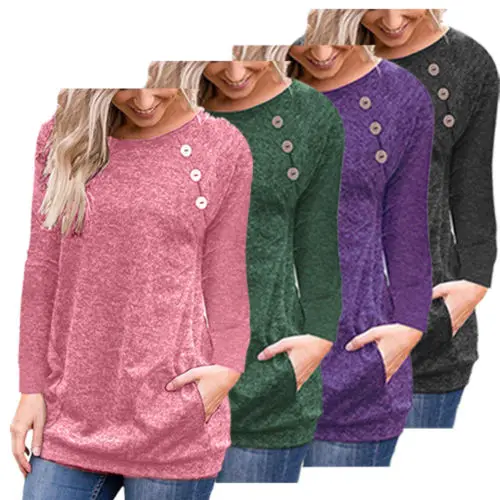 Womens Casual Clothing Plus Size Long Sleeve T shirts Ladies Loose Tops PulloverSolid Button Tee Shirt | Женская одежда