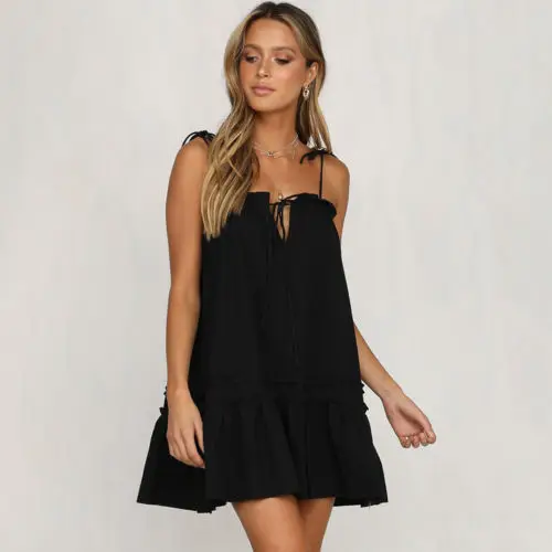Women Lady Summer Sleeveless Loose Sundress Bandage Lace Up Ruched Solid Casual Party Beach Mini Dress Clothing | Женская одежда