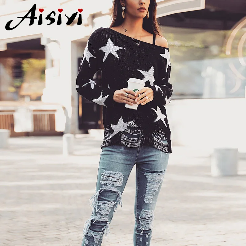 Sexy Off The Shoulder Women's Loose Sweater Stars Knitted Pullovers Lazy Hole Street Wear Sweaters Women Winter Sueter Mujer | Женская