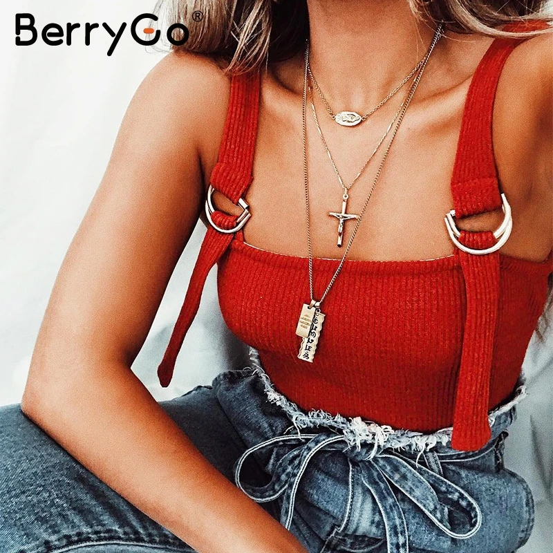 BerryGo Регулируемый красный ремень спинки Вязаный комбинезон женский черный