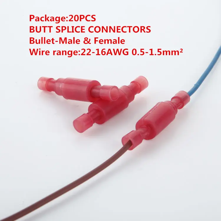 20PCS/ T016 Bullet-Male & Female BUTT SPLICE CONNECTORS RED Wire Splice Insulation Terminal Connector 22-16AWG 0.5-1.5mm2 10A |