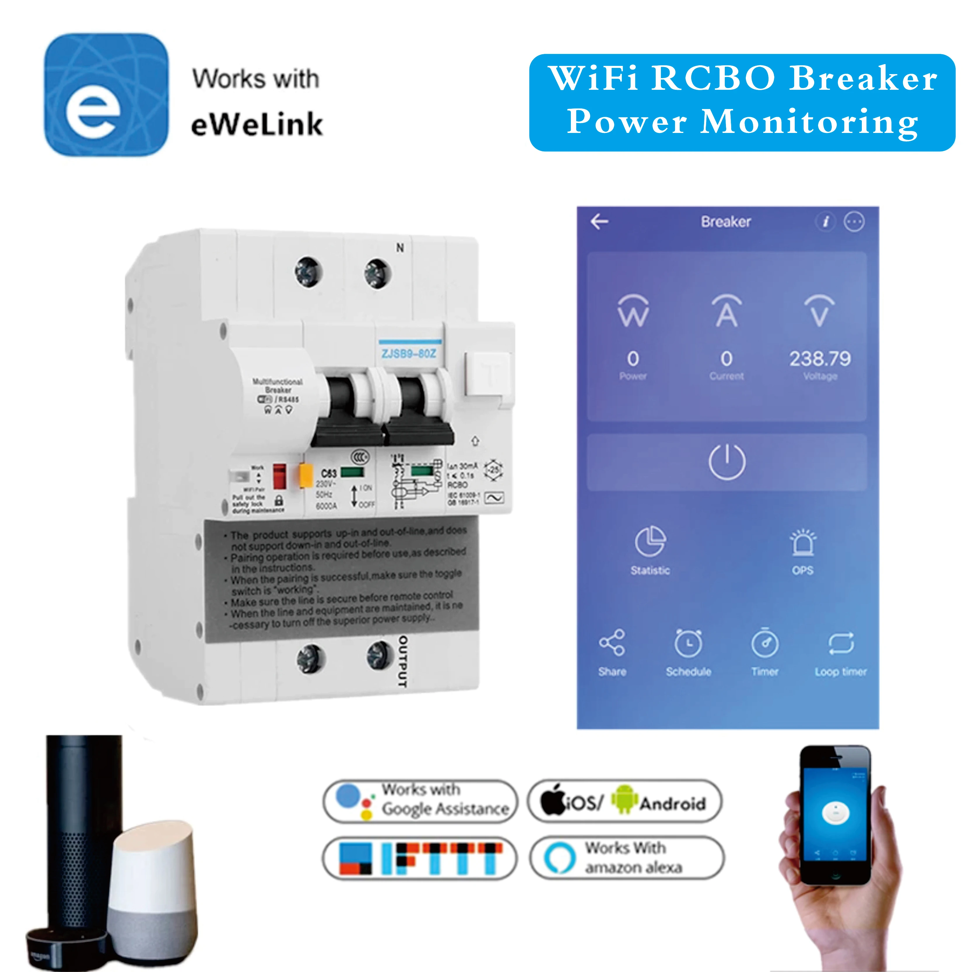 Умный автоматический выключатель RCBO 2P WiFi MCB eWelink беспроводное управление