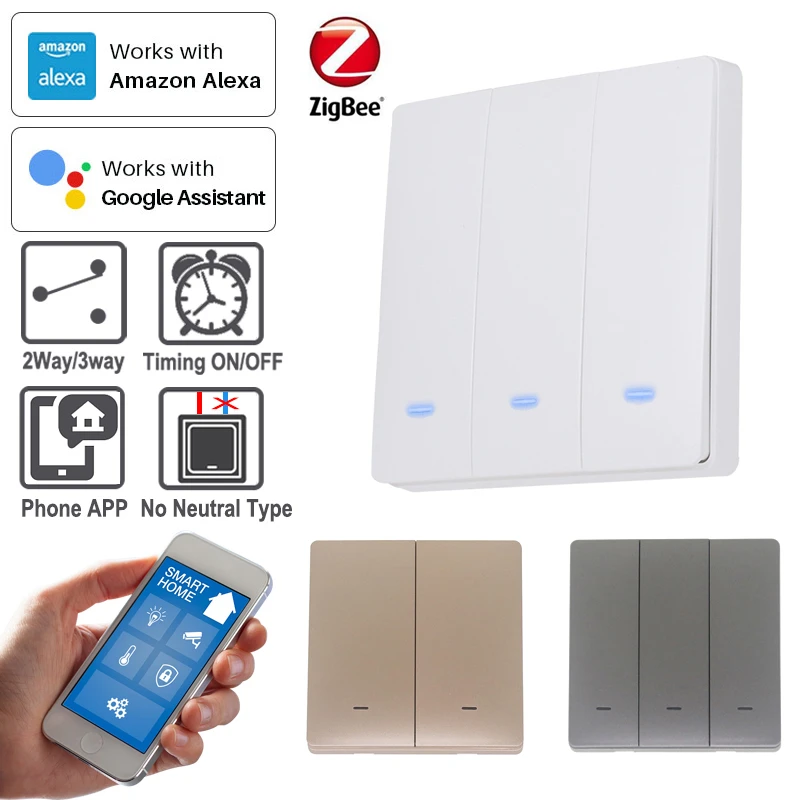 Настенный переключатель ZIGBEE с 3 светодиодами 86*86 мм двухканальный/3-канальный для