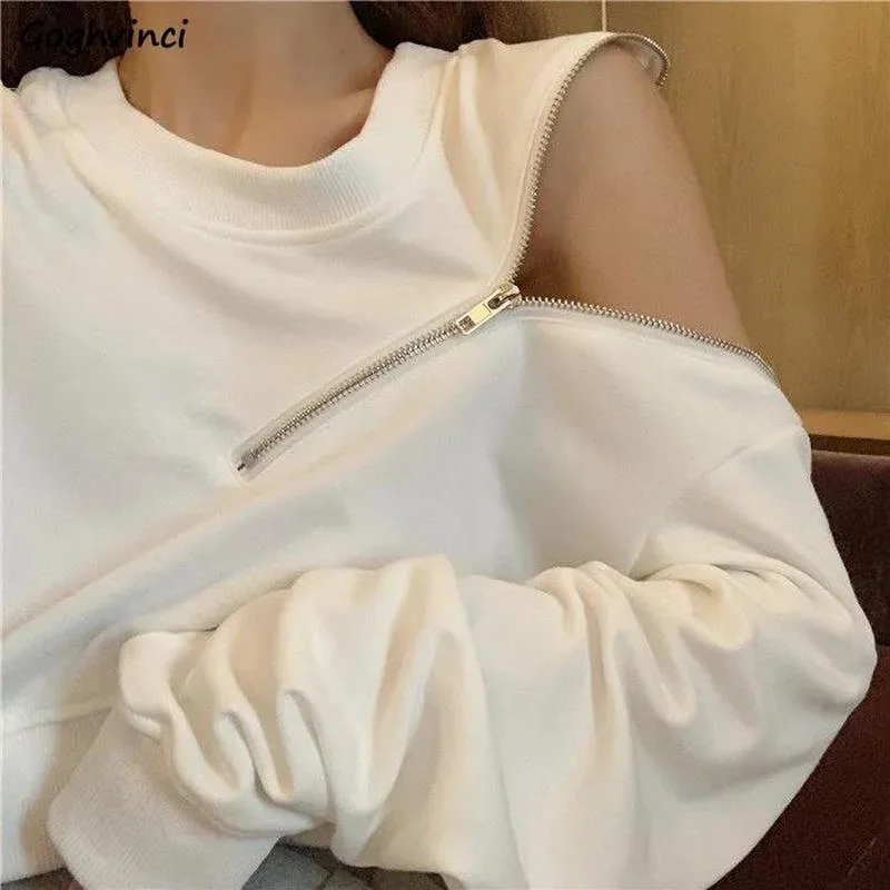 Hoodies Women Loose Large Size S-3XL Zipper Spring Students Causal Streetwear O-neck Off Shoulder Outerwear Crop Long Sleeve Ins | Женская