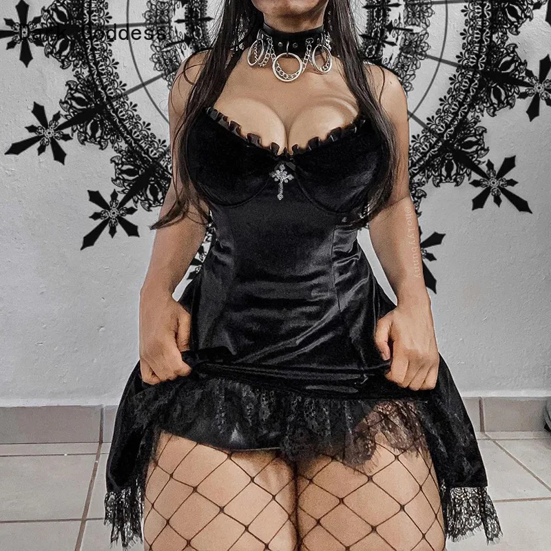 Женское винтажное платье Goth черное бархатное в стиле панк сексуальное летнее для