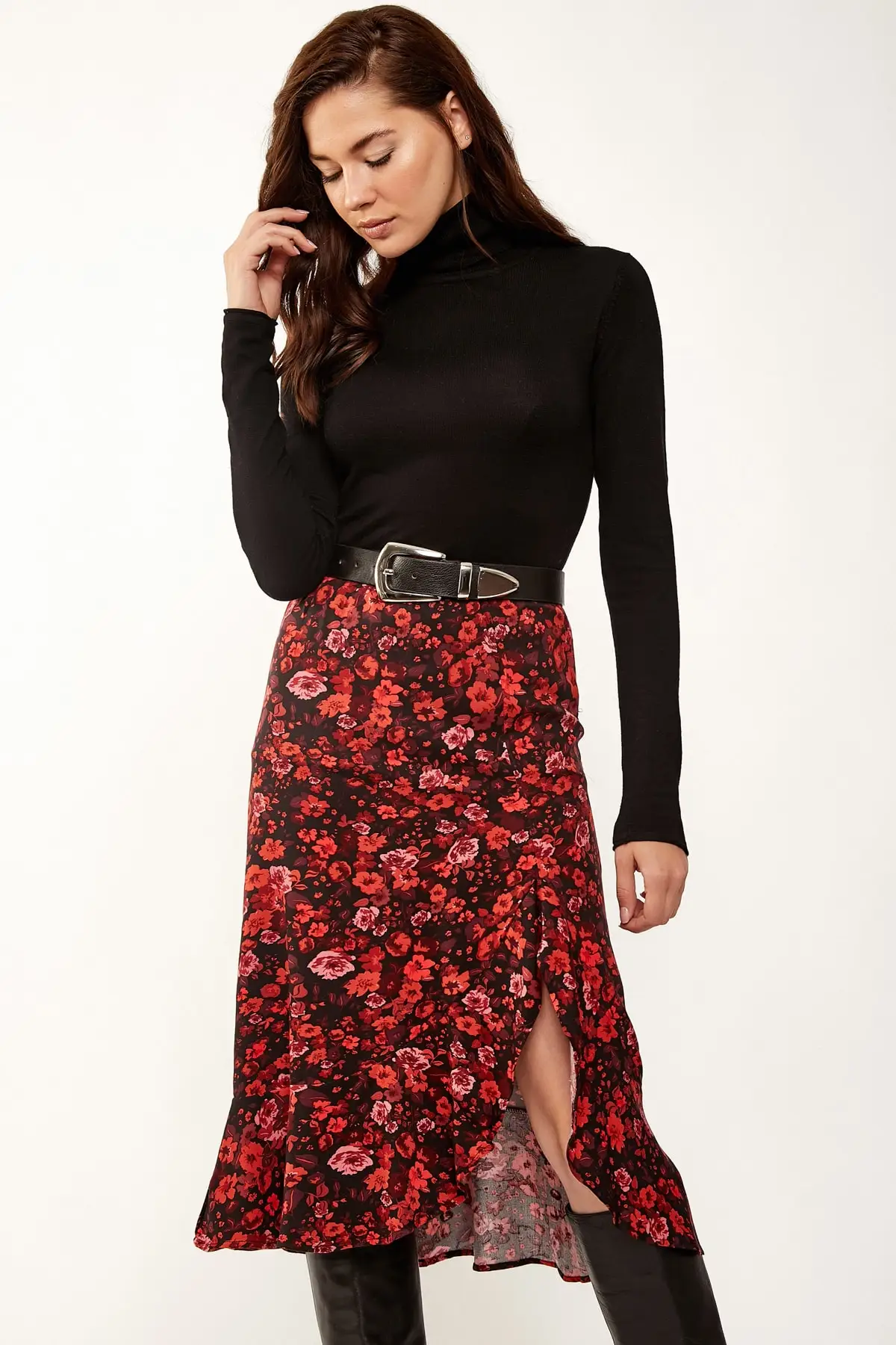 Happiness ist. Women's Red Flower Pattern Fronting Flounces Viscose Skirt BH00148 | Женская одежда