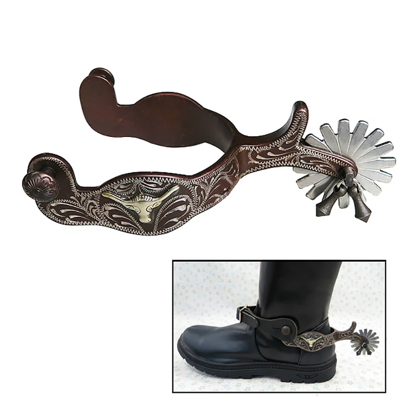 2pcs Horse Riding Bronzed Western Style Spurs Leather Belt Mild Steel Manual Carving German Silver Encrusted Cowboy Spur - купить по