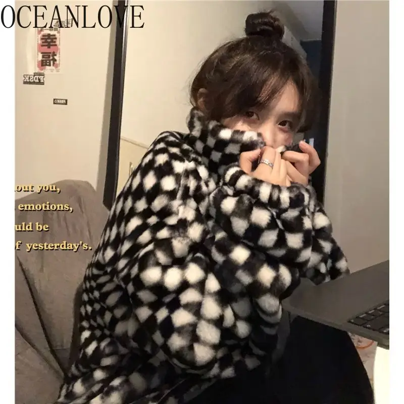 OCEANLOVE толстовки на молнии клетчатая овечья шерсть Милая винтажная Толстовка