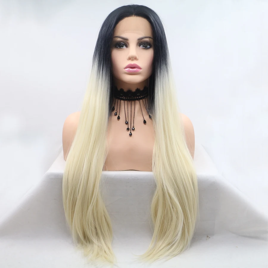 613 Ombre Blonde Wigs Lace Front Synthetic Hair Pre Plucked Dark Roots Long Straight Cosplay Frontal For Womens | Шиньоны и парики