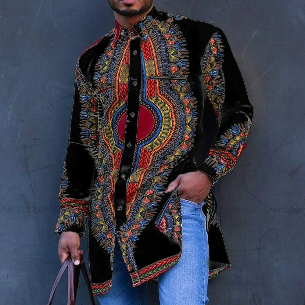 Мужская модная принтовая футболка Dashiki с длинным рукавом в стиле мусульманской майки топы Исламской Дубайской арабской бохемской повседневной блузы рубашки Африканской одежды