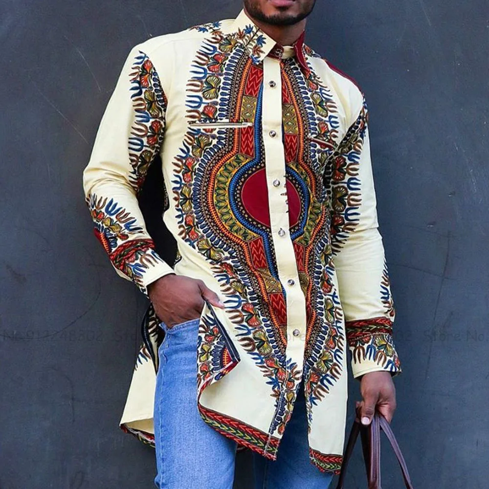 Мужская модная принтовая футболка Dashiki с длинным рукавом в стиле мусульманской майки топы Исламской Дубайской арабской бохемской повседневной блузы рубашки Африканской одежды