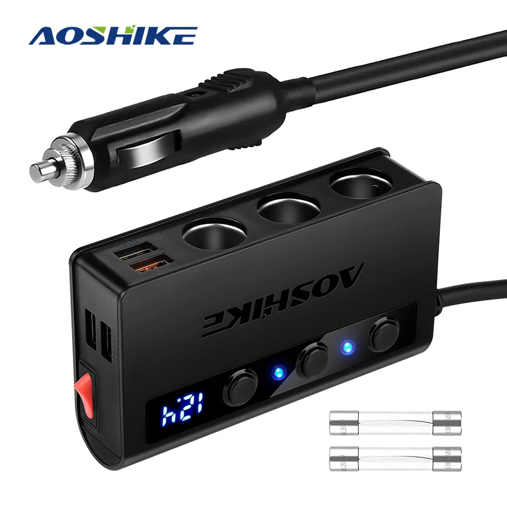 Адаптер для зажигалки AOSHIKE QC 3.0 180 Вт 12В/24В 3 розетки, разветвитель 4 порта USB, питание для GPS/DashCam/телефона/iPad на автомобиле.