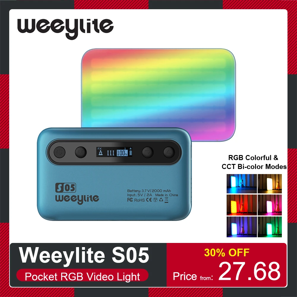 Карманный светодиодный RGB-светильник Weeylite S05 для видеосъемки 2800K-6800K 26 дюймов -