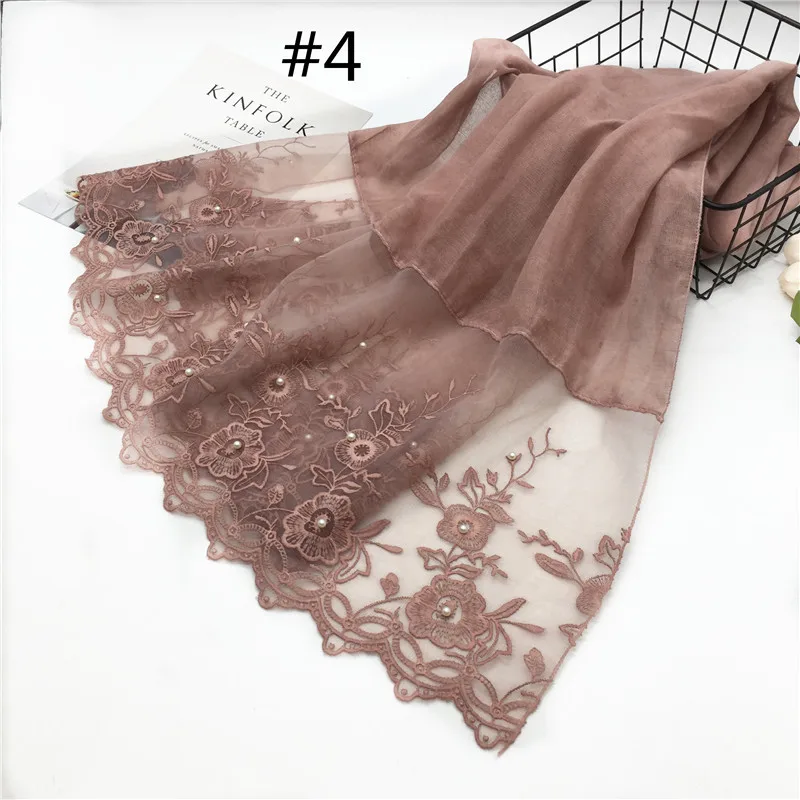 Шарф хлопковый с жемчугом и вышивкой 80*180 см хиджаб кружевом | Тематическая одежда