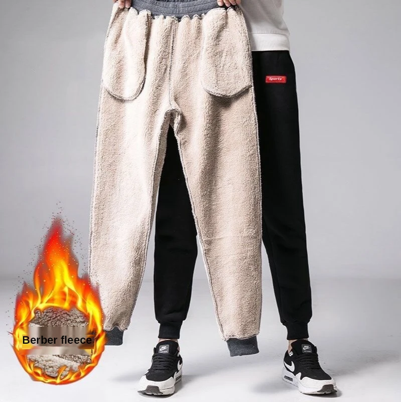 Autumn/Winter Black Lambswool Casual Pants Men's Fleece-Lined Thick Loose Warm Jogging Mens Sweatpants Harem | Мужская одежда