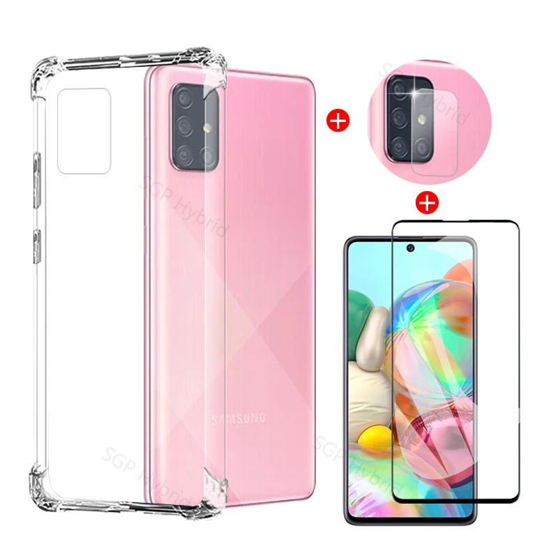 3 in 1 Tempered Glass Soft TPU Case On For Samsung Galaxy a71 a51 a 71 51 A515F A715F Safety Shockproof Transparent Cover | Мобильные