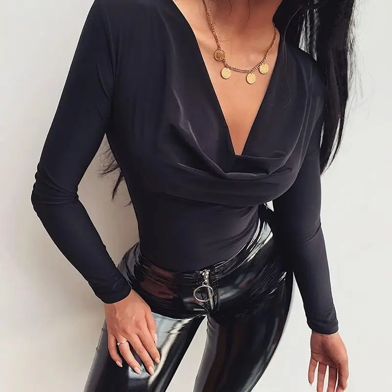 Women Cowl Black Sexy Bodysuit Solid Long Sleeve Slim Bodycon | Женская одежда