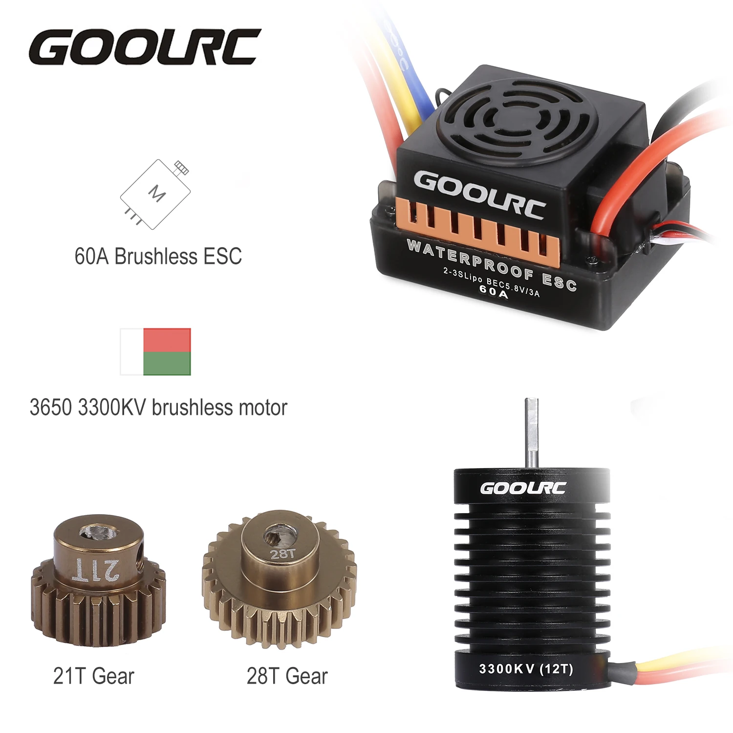 GoolRC 3650 9T 4370KV 10T 3930KV 12T 3300KV 13T 3000KV бесщеточный двигатель 60A ESC 5 8 V/3A BEC 21T Gear 28T для 1/10 RC