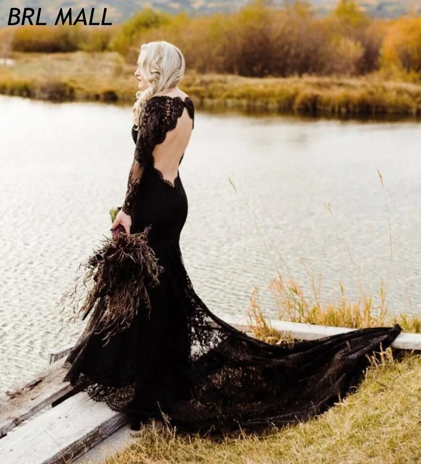 Богемное черное кружевное свадебное платье с длинными рукавами русалочкой 2020