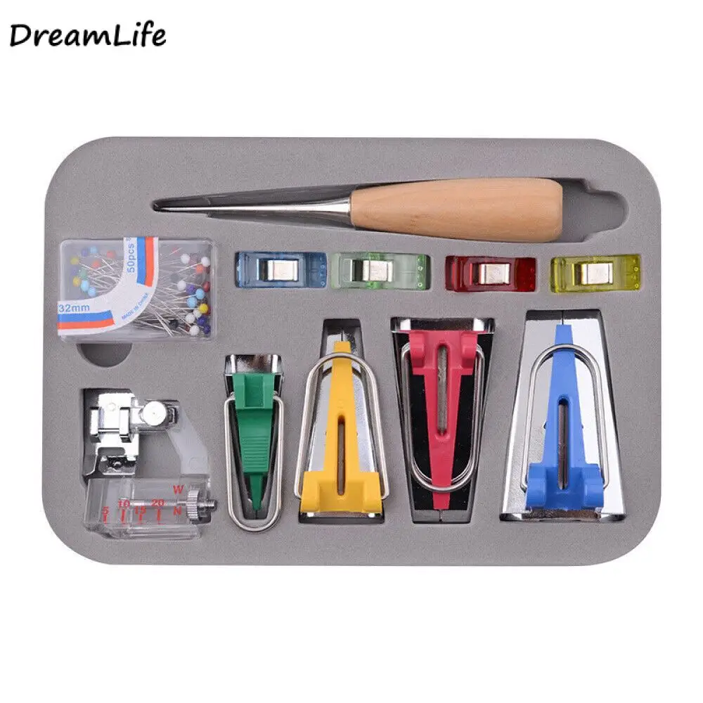 60pcs Fabric Bias Binding Tape Maker Kit Binder Foot Wooden Awl Clips Pins Household DIY Sewing Quilting Tool Set | Дом и сад