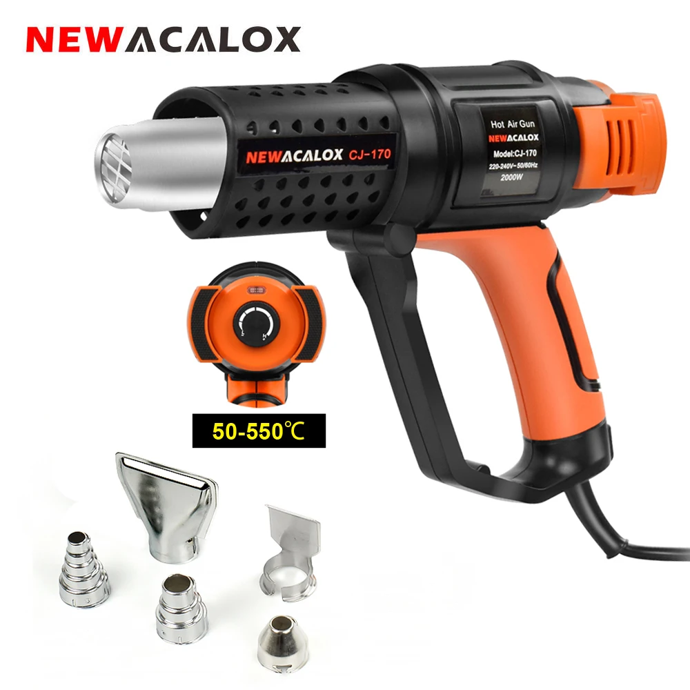 NEWACALOX 2000W EU 220V Household Hot Air Gun Hair Dryer Thermostat Heat with 5pc Nozzles for Soldering/ Car Foil Tool | Инструменты