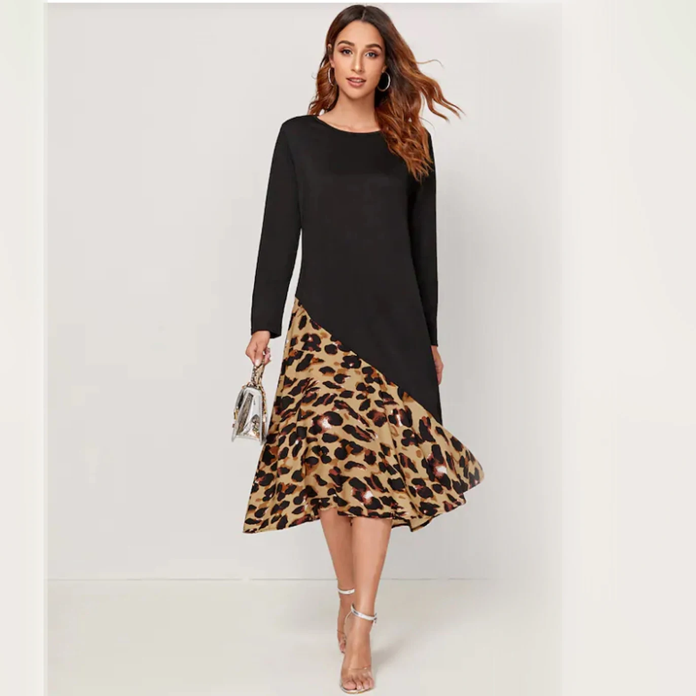 Платье до колен модное женское платье с длинным рукавом и круглым вырезом в стиле