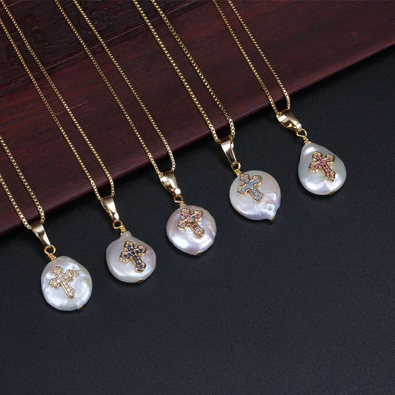 Крошечный cz мощеный разноцветный религиозный Крест Шарм пресноводный жемчуг