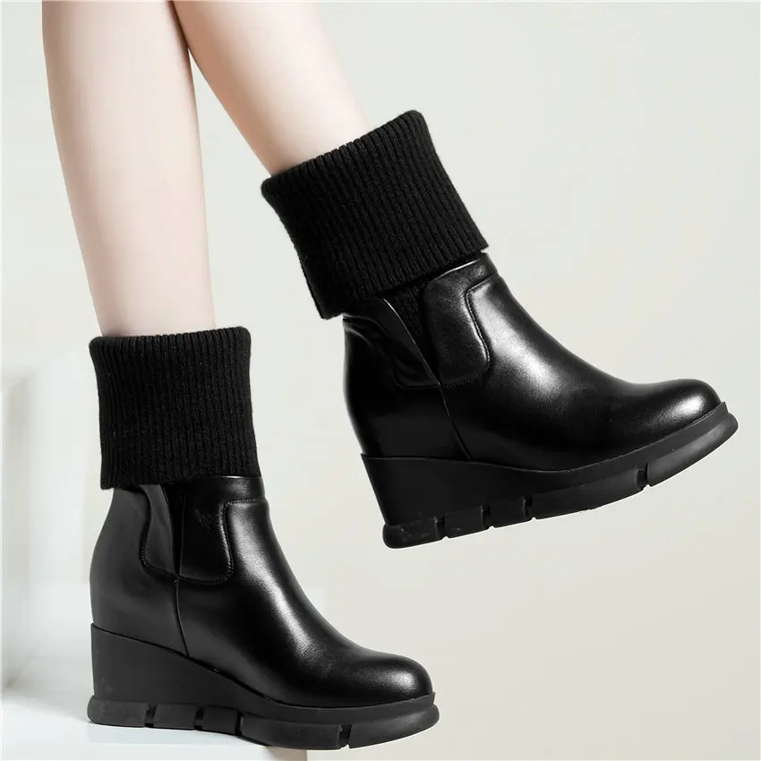 Winter Tennis Shoes Women Cow Leather Wedges High Heel Round Toe Platform Pumps Knitting Hight Top Fashion Sneakers Casual | Обувь