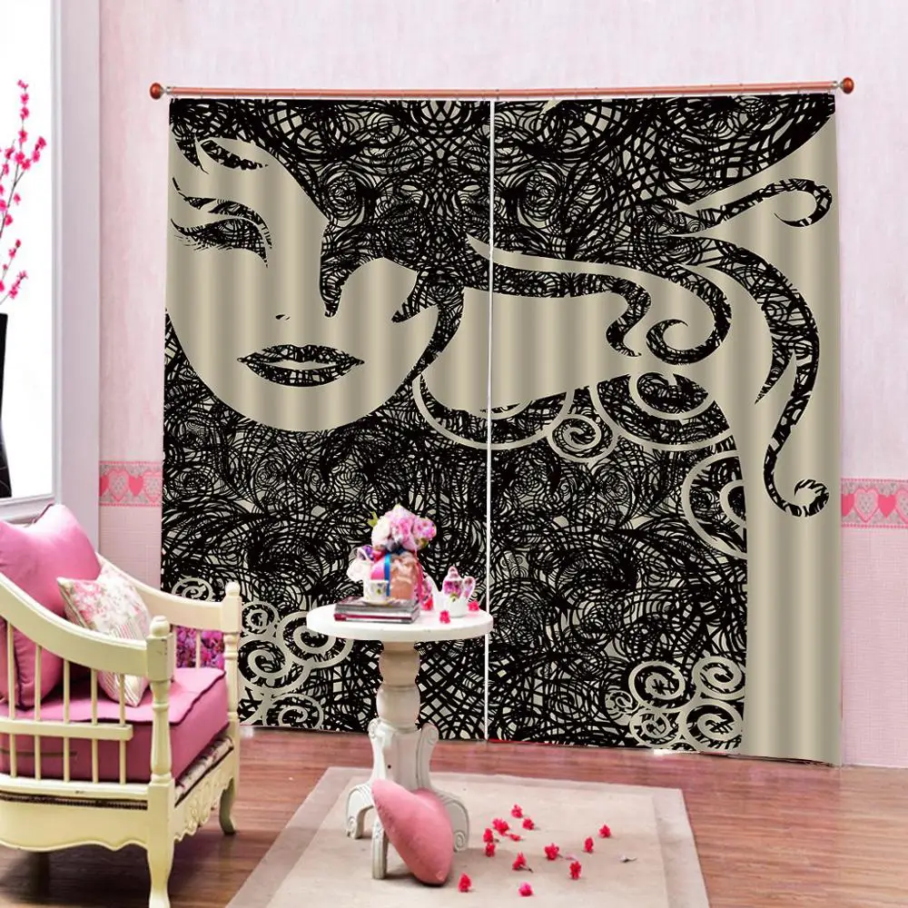 Красивая Штора для девушек черно-белые длинные волосы художественная