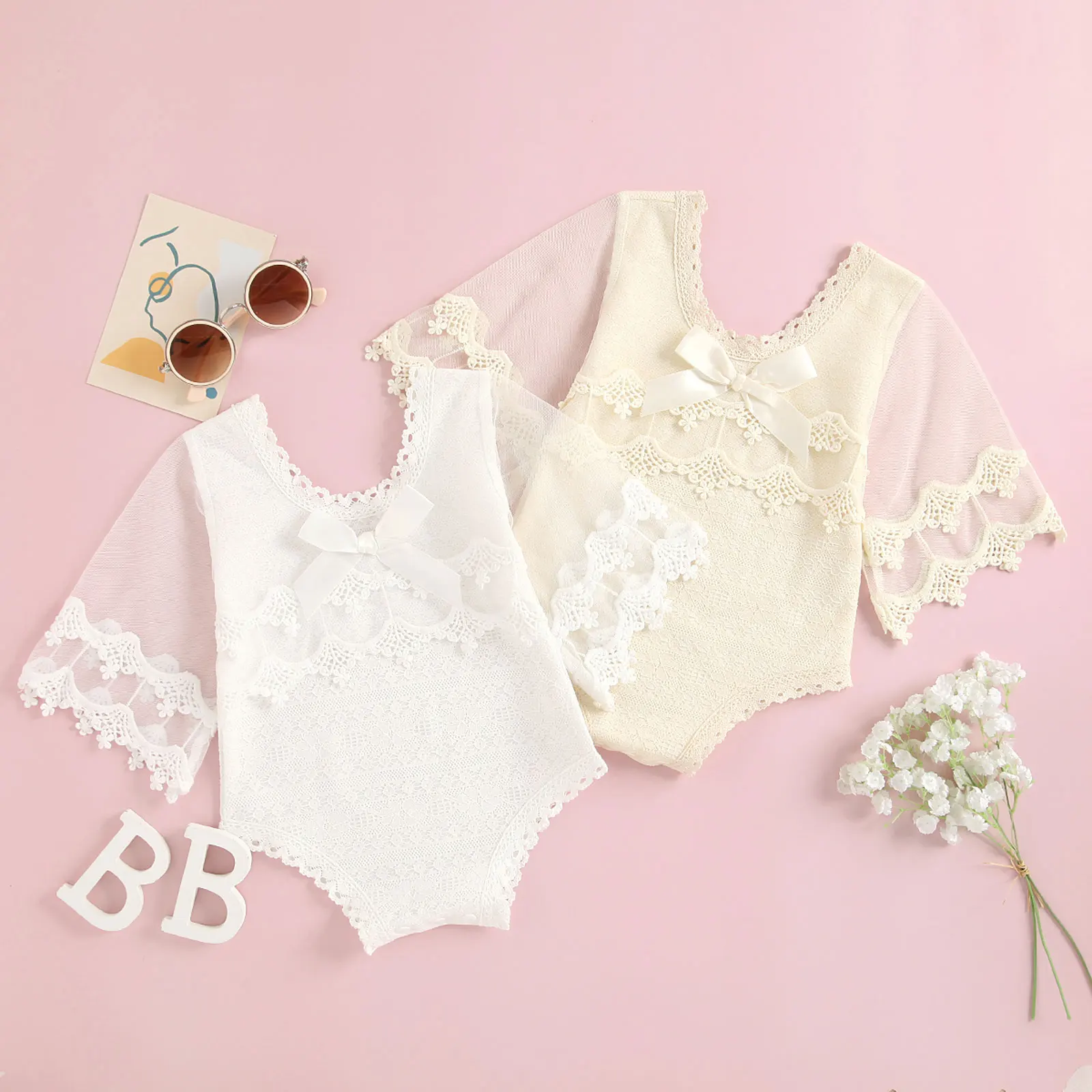 Комбинезон для девочек 0-24 месяцев с кружевными цветами длинным рукавом и бантом -