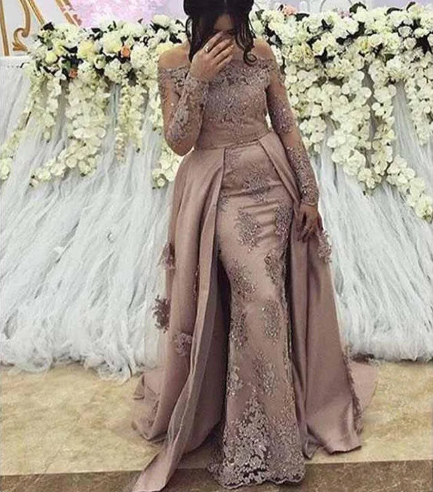 Pink Lace Long Sleeve Mermaid Evening Dresses Off shoulders Formal Celebrity Party Gowns Satin Dress Robes de soirée | Свадьбы и