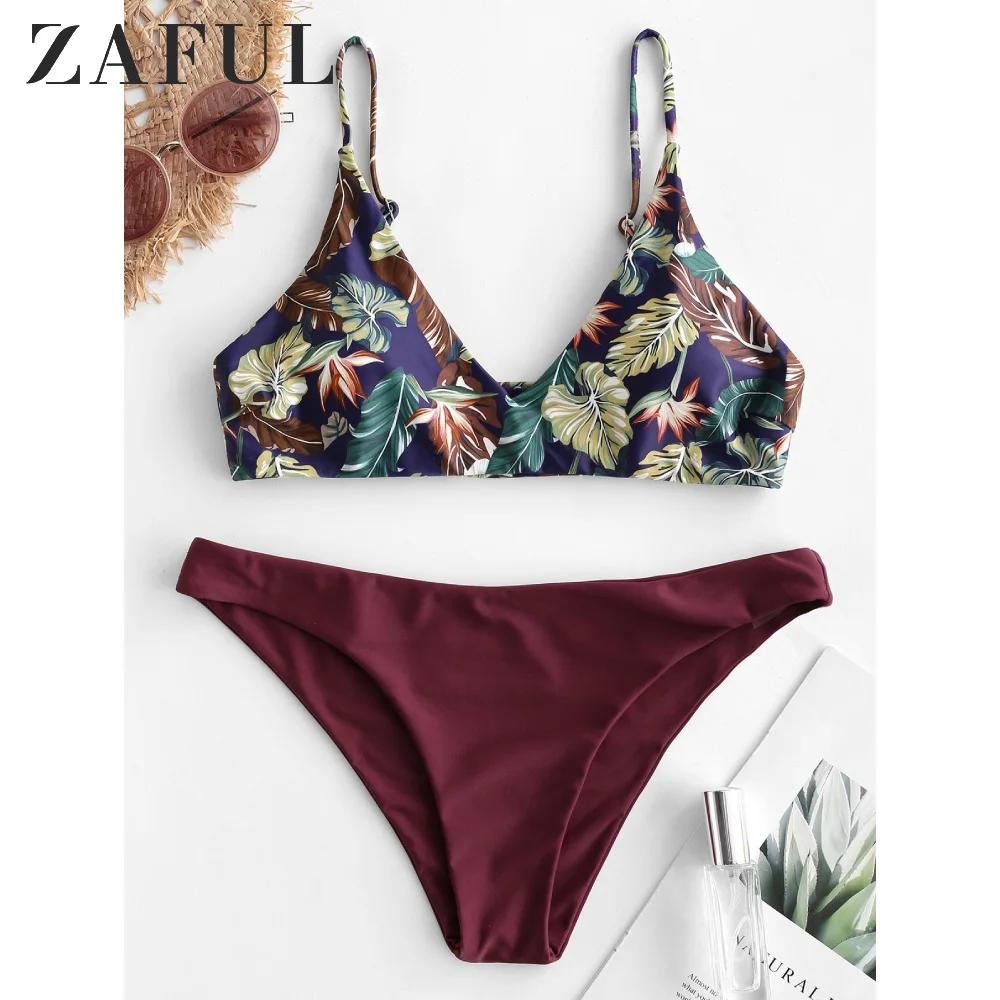Женский купальник-бикини ZAFUL с принтом тропических листьев низкой талией на