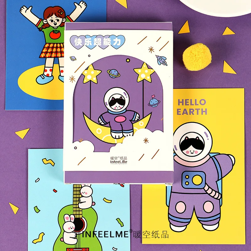 30 Sheets Happy Super Power Postcard DIY Hand Drawn Cartoon Astronau Greeting Cards Message Card Gift Stationery