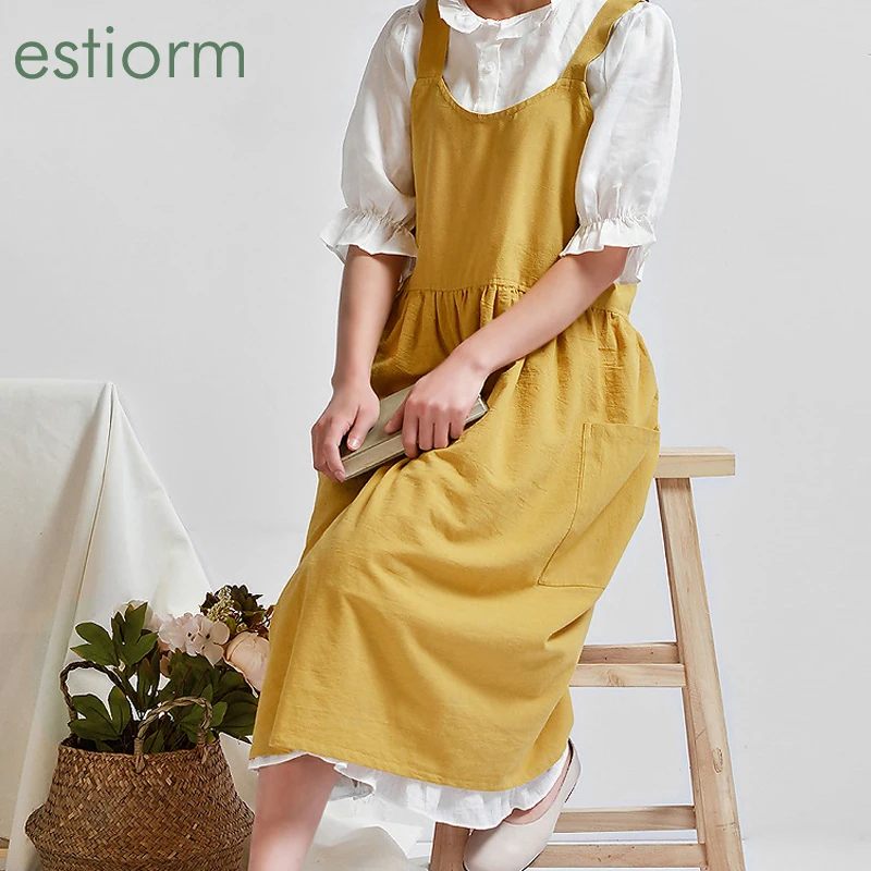 Soft Cotton Linen Apron Women Pinafore Dress with pockets Fashion Coffee Shop Florist Overalls Kitchen For Cooking | Дом и сад