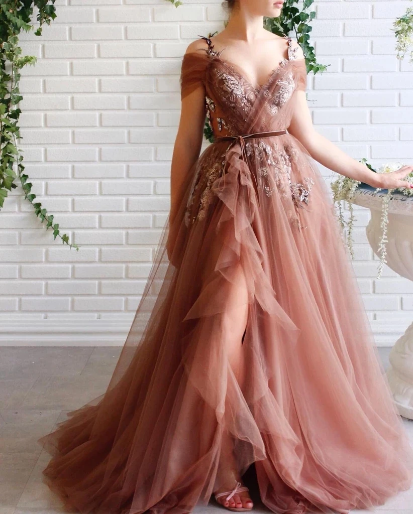 Brown Muslim Evening Dresses A-line V-neck Tulle Appliques Pearls Slit Dubai Saudi Arabia Long Gown Prom Robe De Soiree | Свадьбы и