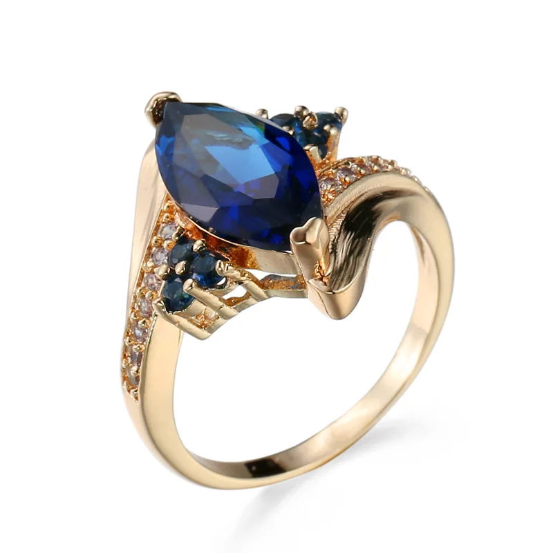Fashion Marquic Blue Sapphire CZ Rings for Women Yellow Gold Plated Birthstone Ring Wedding Jewelry Accessory | Украшения и