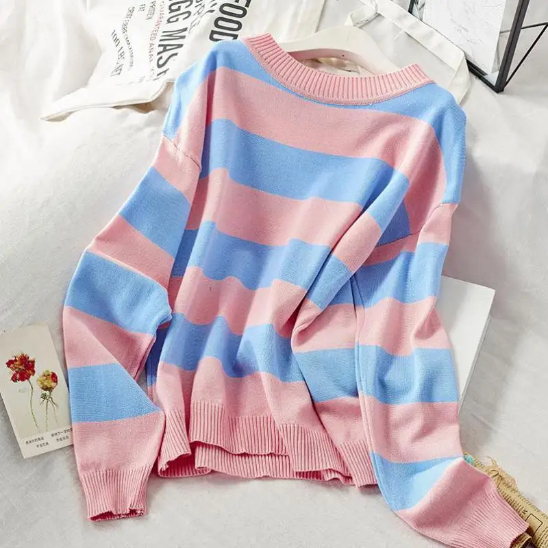 Autumn Winter New Striped Loose Knit Tops Sweater Women Round Neck Long Sleeves Kawaii Bottoming Clothes 2019 Coat | Женская одежда