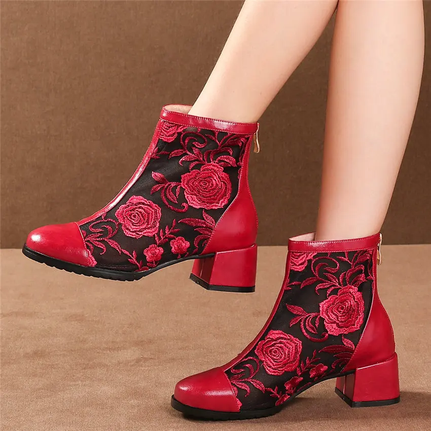 Women Genuine Leather Med Heels Wedding Party Pumps Breathable Lace Embroider Flowers Ankle Boots Shiny Glitter Mary Jane shoes | Обувь