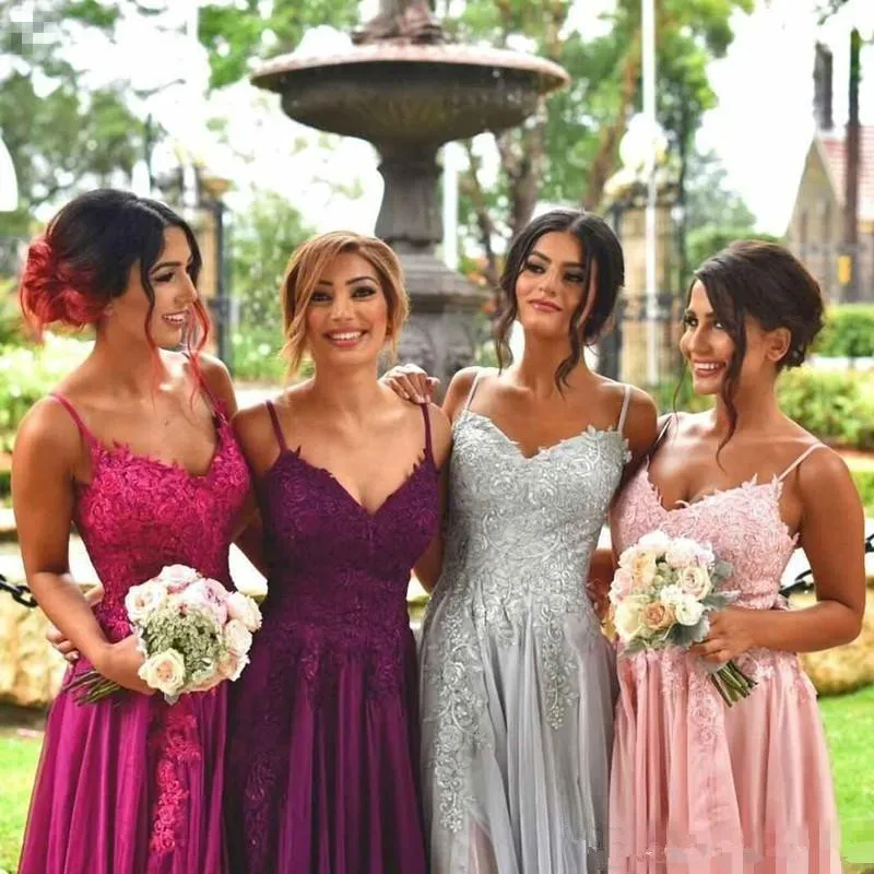Purple Cheap Bridesmaid Dresses Under 50 A-line Spaghetti Straps Chiffon Appliques Long Wedding Party | Свадьбы и торжества
