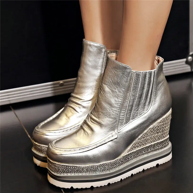 Повседневная обувь Женские ботильоны из натуральной кожи на танкетке и высоком