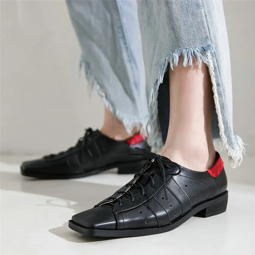 Туфли женские из натуральной кожи на шнуровке повседневная обувь низком каблуке