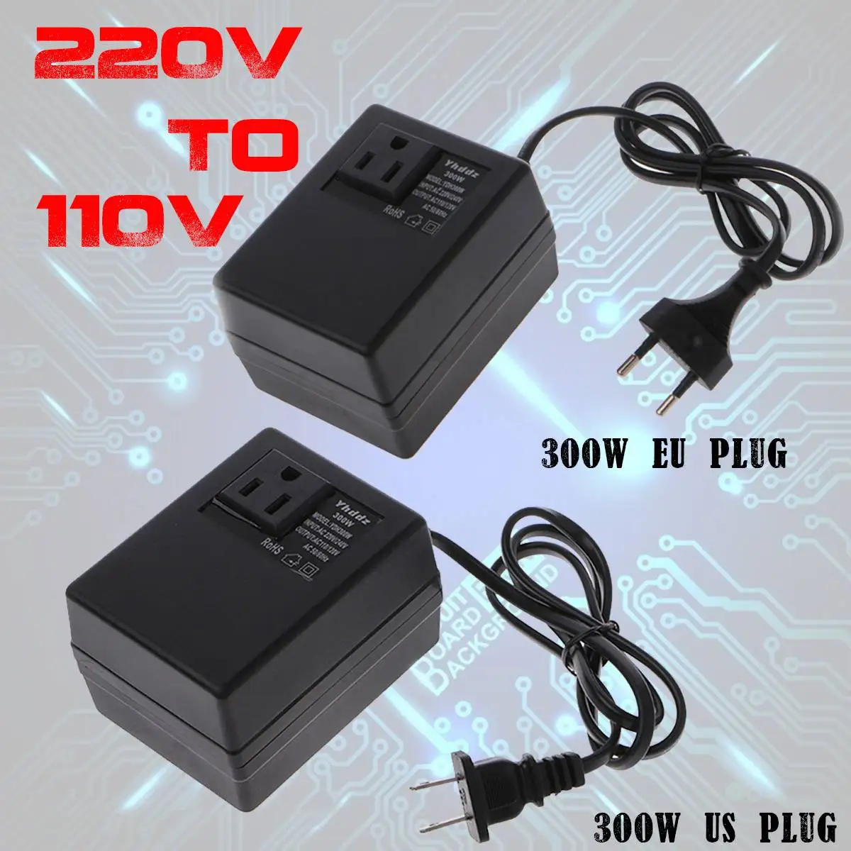 200W/300W Вольтажный преобразователь трансформатор 220V в 110V снижения для путешествий с ЕС/США разъемом.
