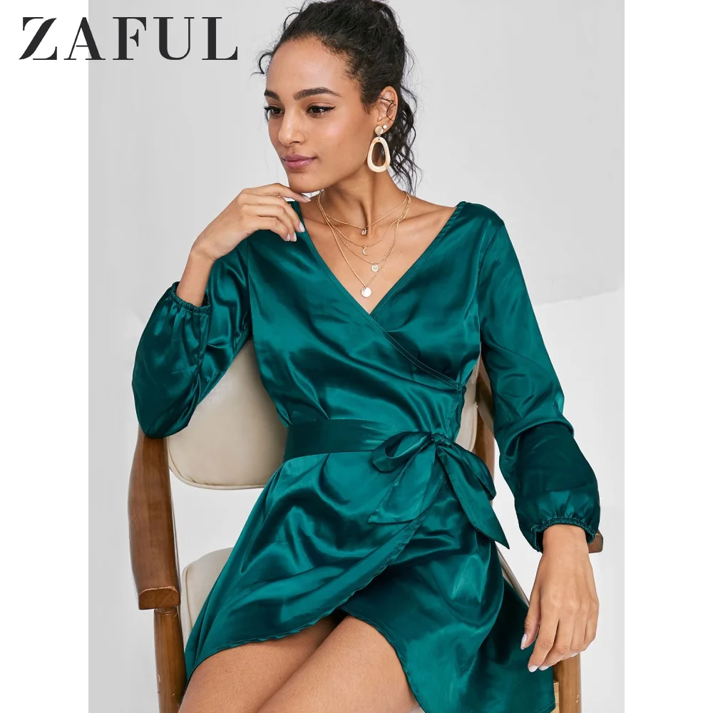Женское атласное мини-платье с длинным рукавом ZAFUL облегающее платье