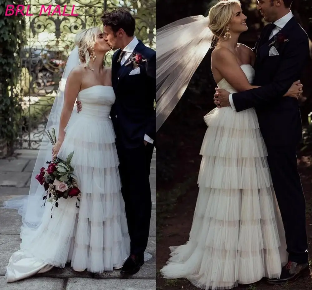 Богемные 2020 без бретелек Свадебные платья многослойная юбка Тюль Бохо пляжные