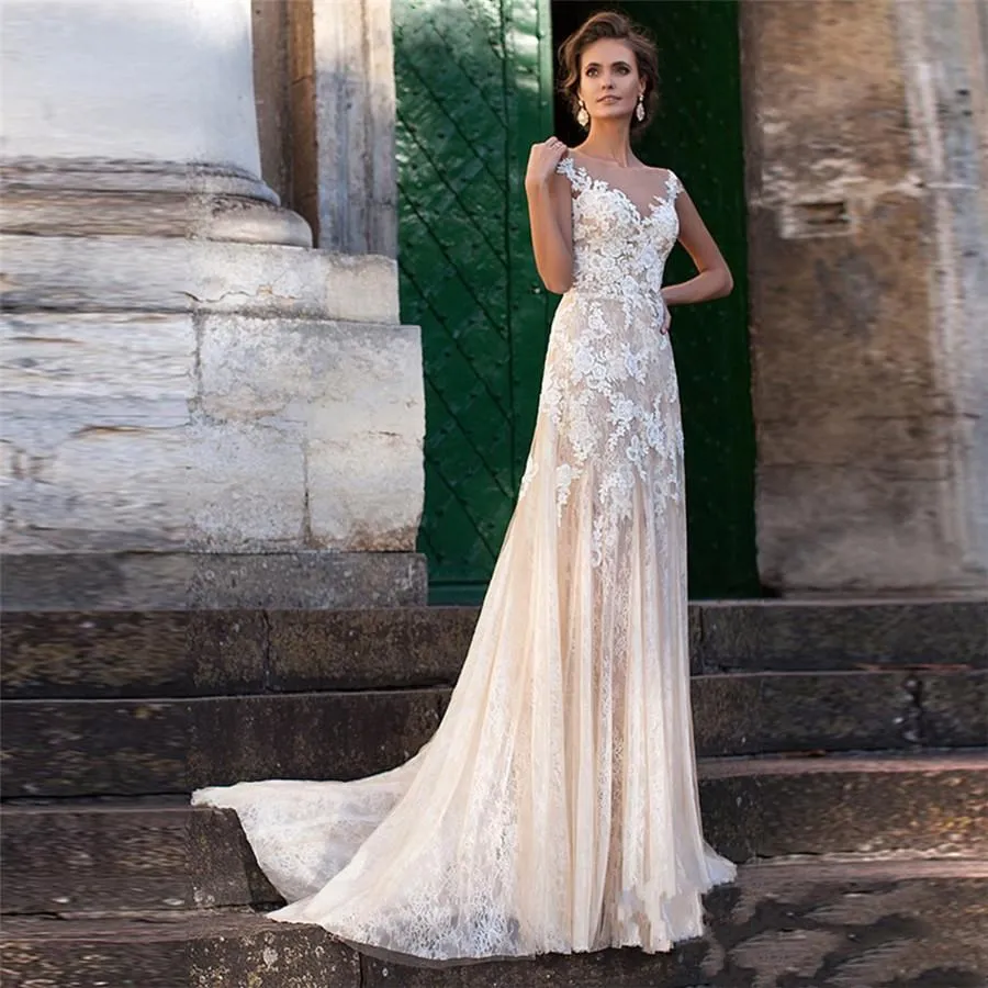 Lace Wedding Dress Illusion Neckline Appliques Vintage Bridal Gowns Robe De Mariage Sheath Dresses Sheer Back Vestido | Свадьбы и