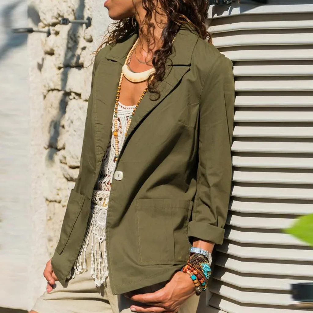 2019 Женский Повседневный зеленый Блейзер длинный рукав дамское пальто женский